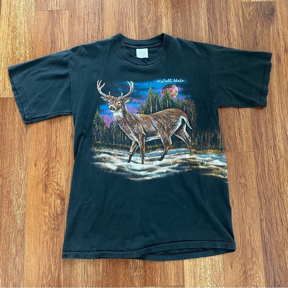 Vintage 90s Large Hazelwood T-Shirt Deer Nature Idaho Single Stitch Wrap Around